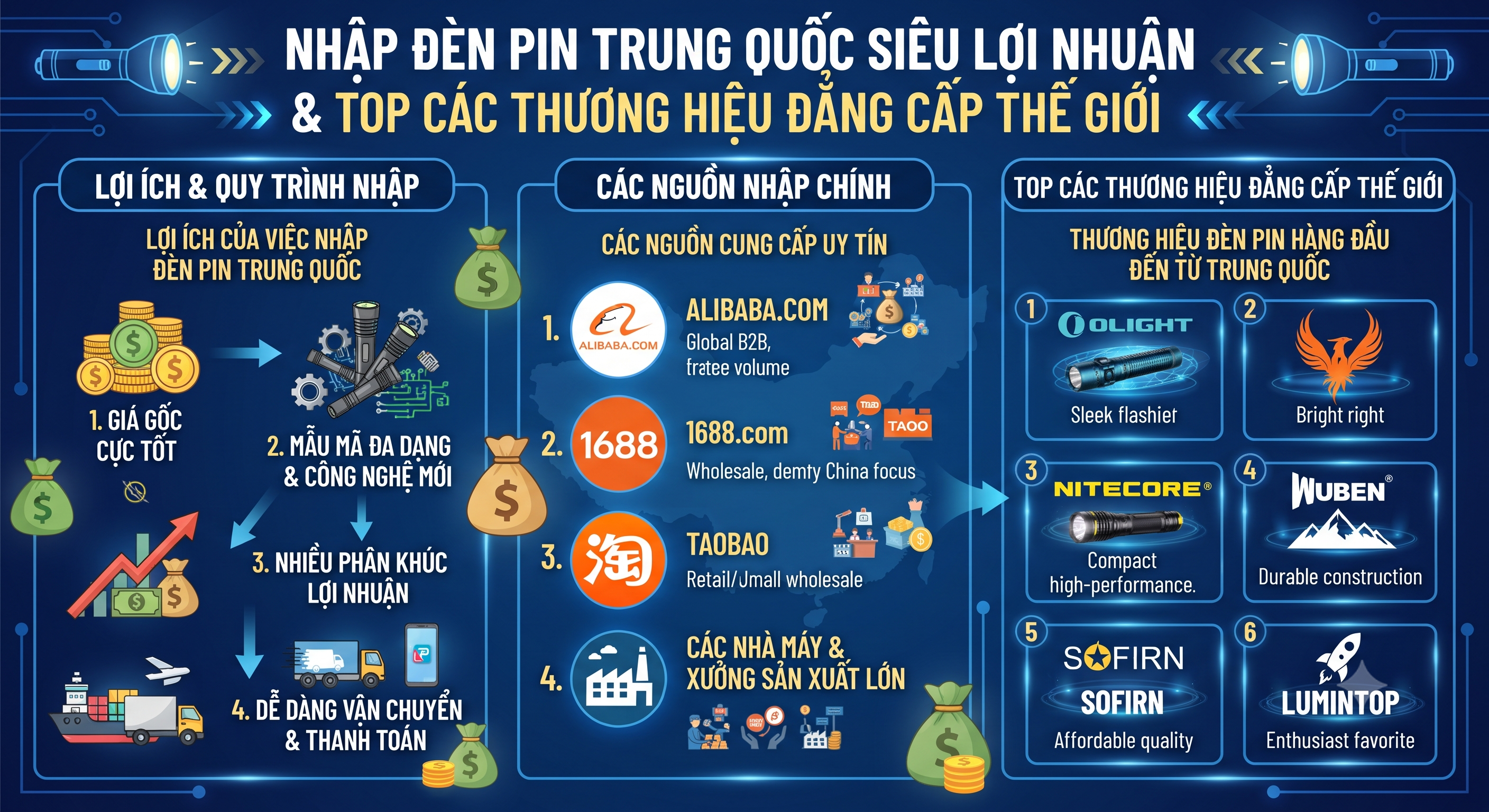 Nhập đèn pin Trung Quốc siêu lợi nhuận & Top các thương hiệu đẳng cấp thế giới