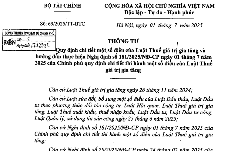 Thông tư số 69/2025/TT-BTC của Bộ Tài chính