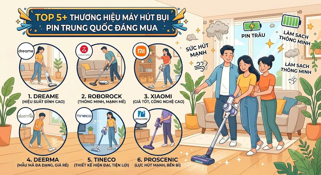 Top 5+ thương hiệu máy hút bụi pin Trung Quốc đáng mua