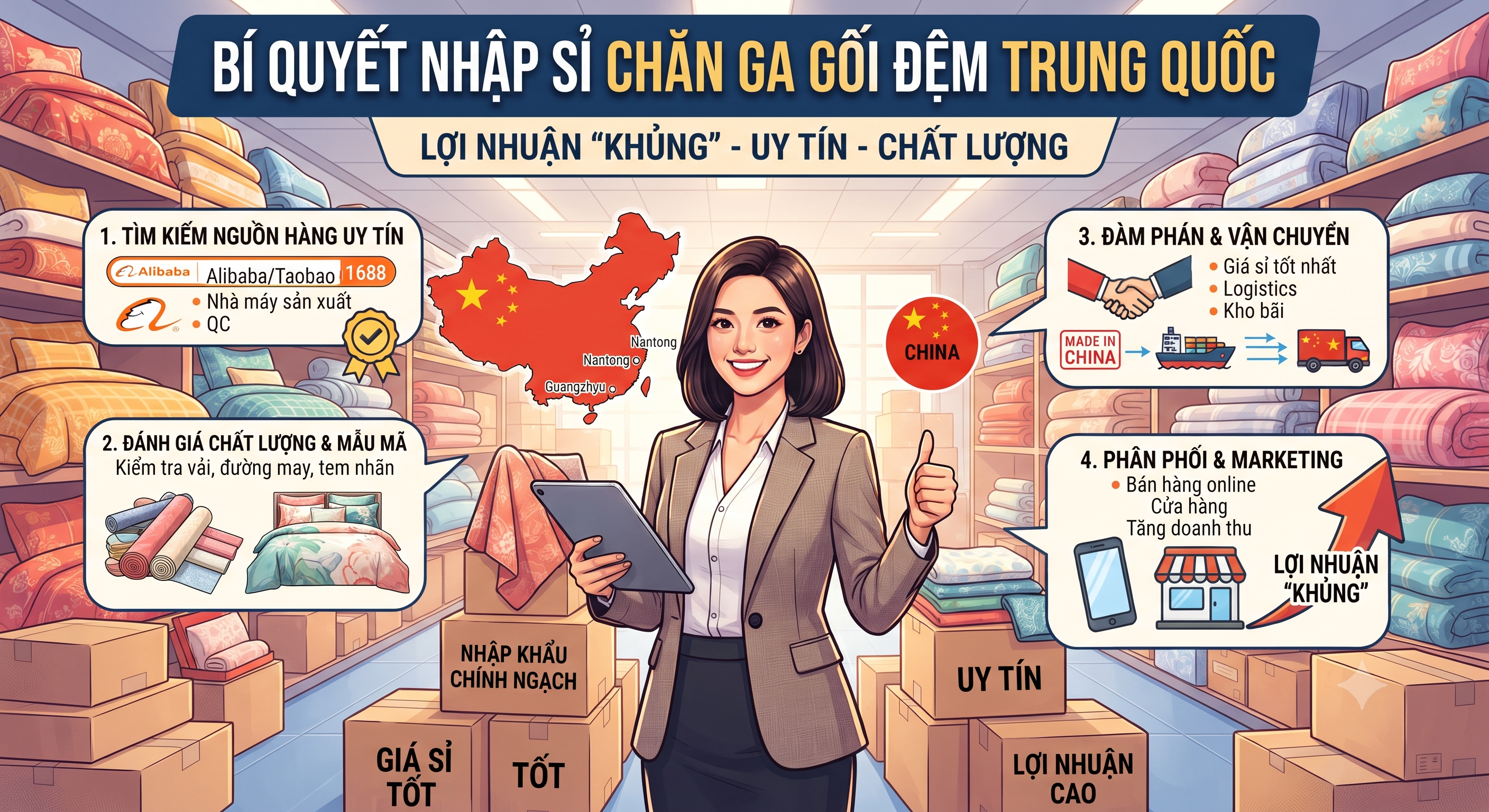 Bí quyết nhập sỉ chăn ga gối đệm Trung Quốc lợi nhuận 