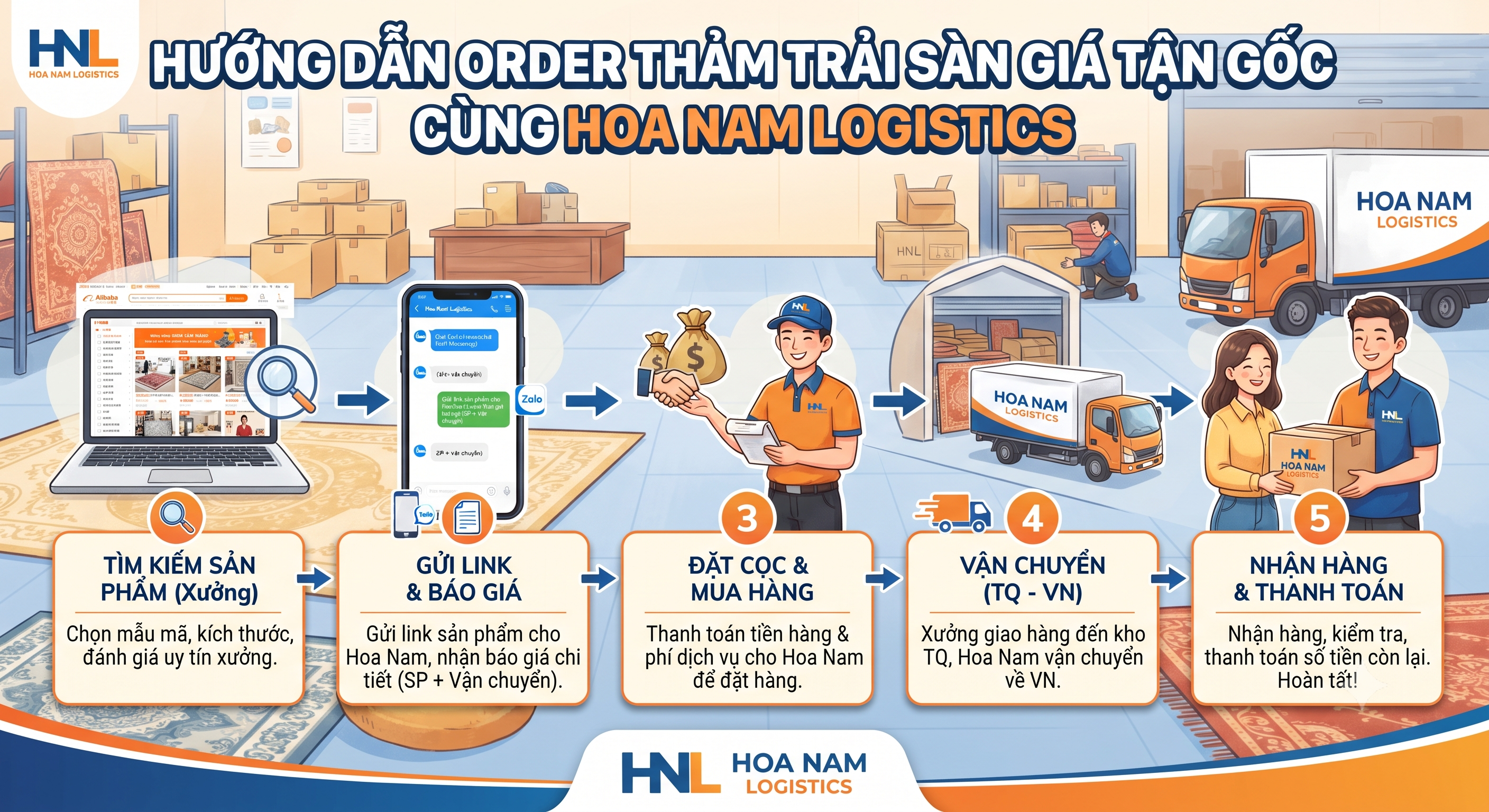 Hướng dẫn order thảm trải sàn giá tận gốc cùng Hoa Nam Logistics