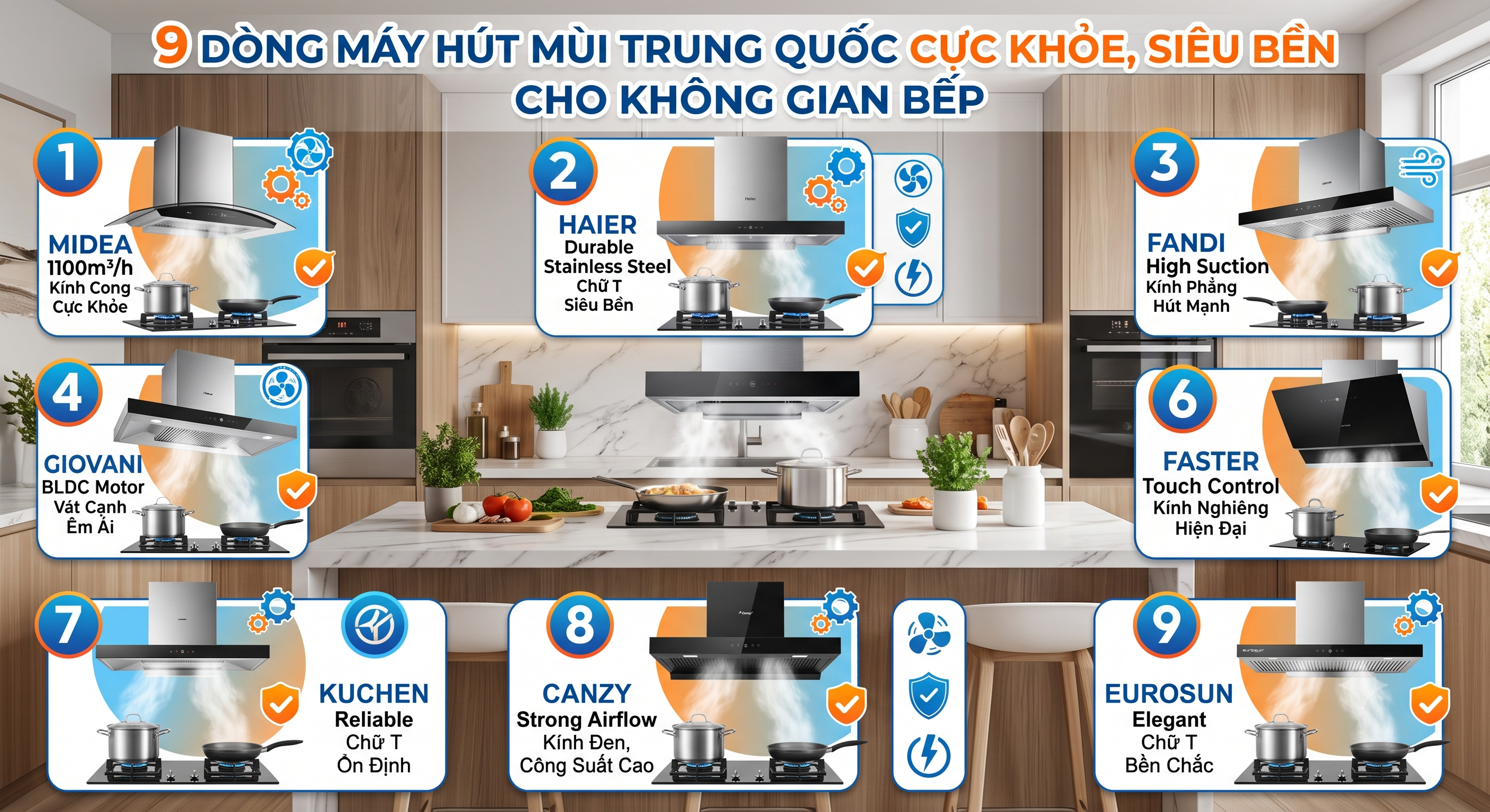 9 dòng máy hút mùi Trung Quốc cực khỏe, siêu bền cho không gian bếp